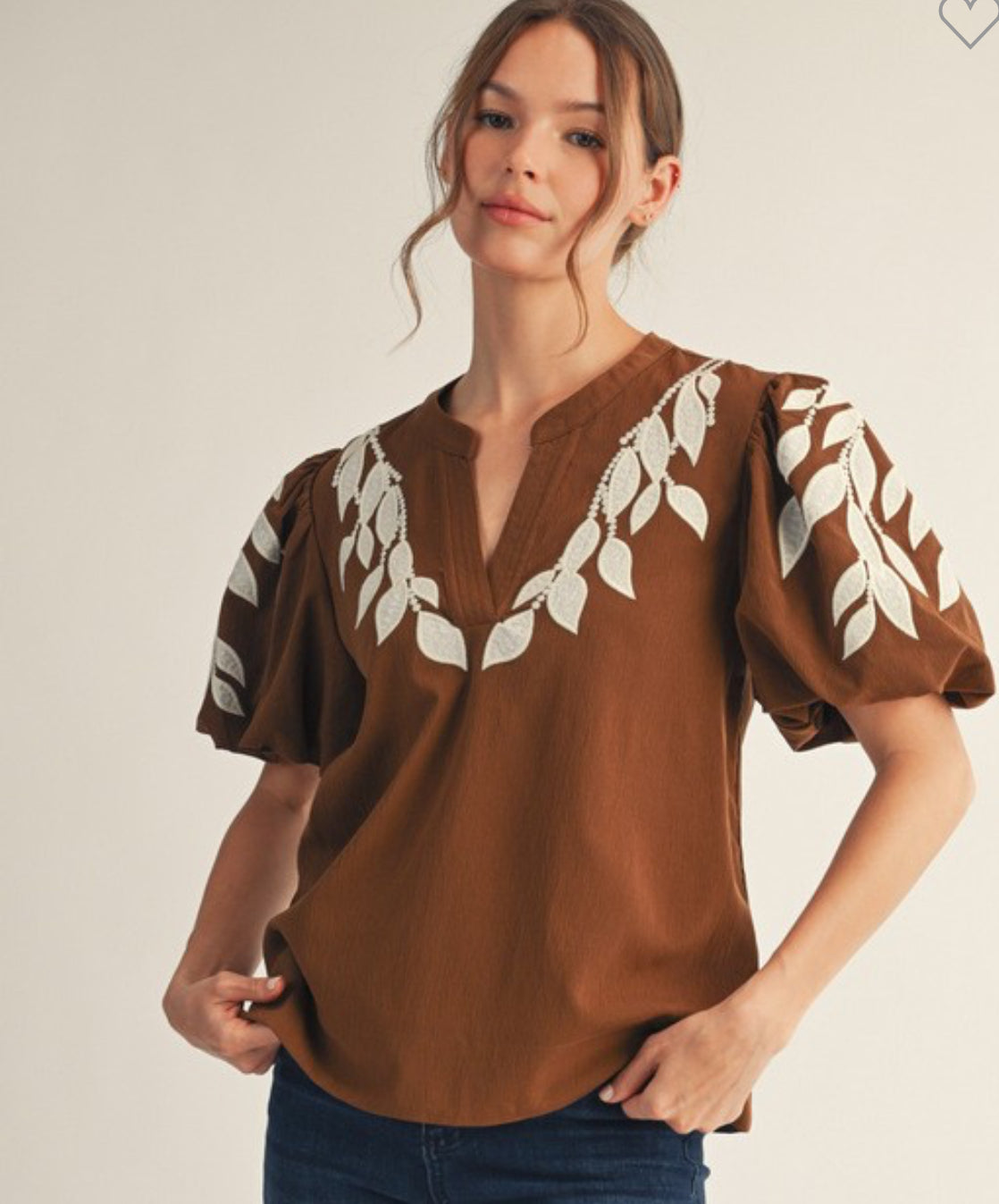 Brown puff sleeves split neck with embroidered leaves