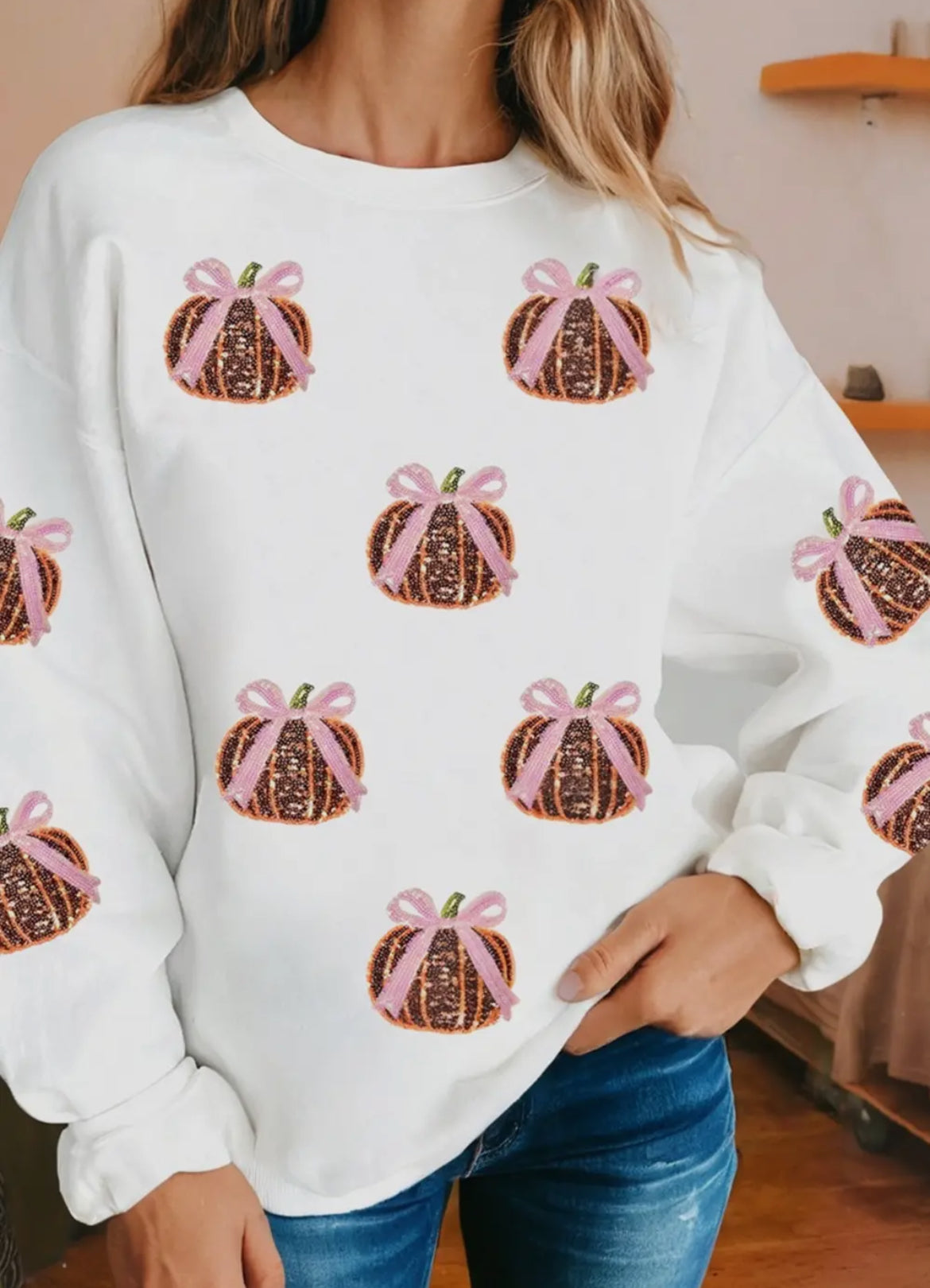 White pink bow pumpkin pullover