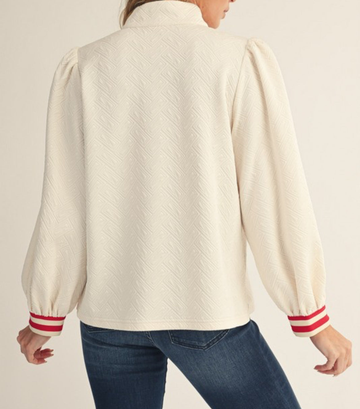 Beige zip up -trimmed in red pullover
