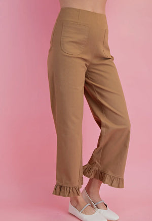 Tan, Collette ruffled pants w/elastic waistband zipper in back