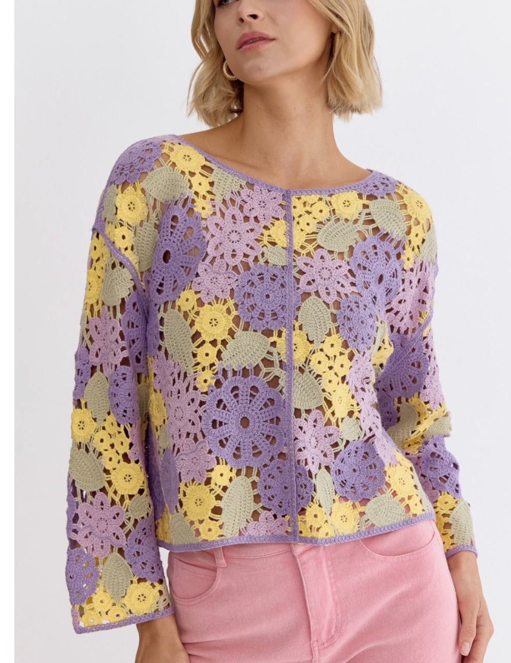Lavendar/yellow crocheted floral sweater