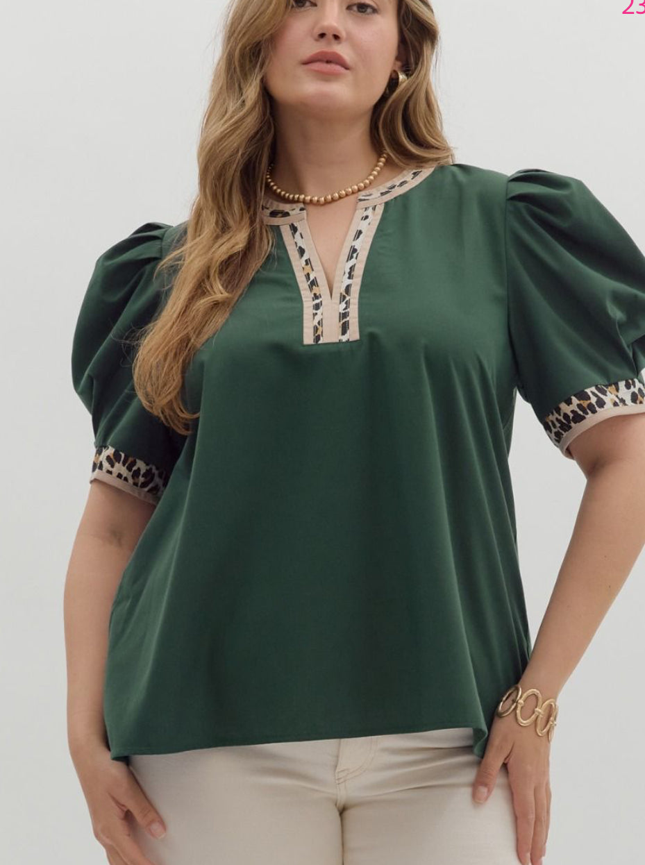 Forest Green  pullover trimmed with leopard, puff sleeves