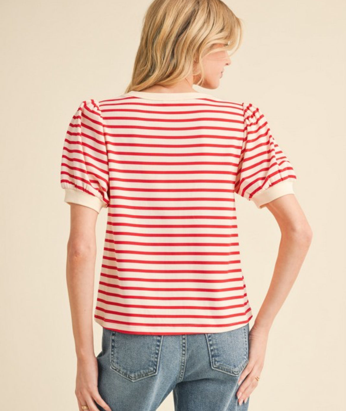 Red and beige stripe top with puff sleeves