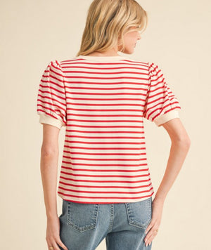 Red and beige stripe top with puff sleeves