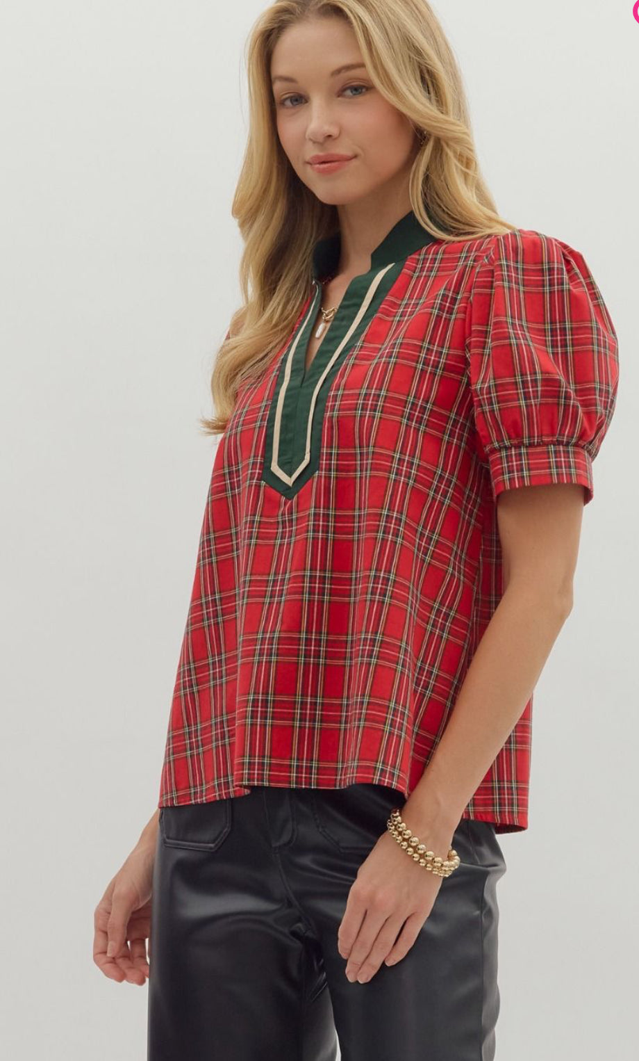 Red plaid w/ green contrast top