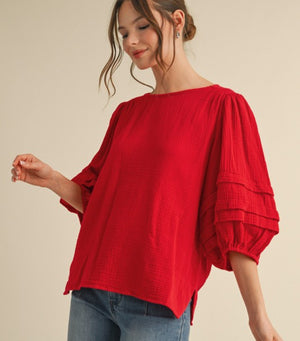 Red gauze 3/4 sleeve blouse