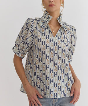 Navy blue medallion blouse with ruffle neckline