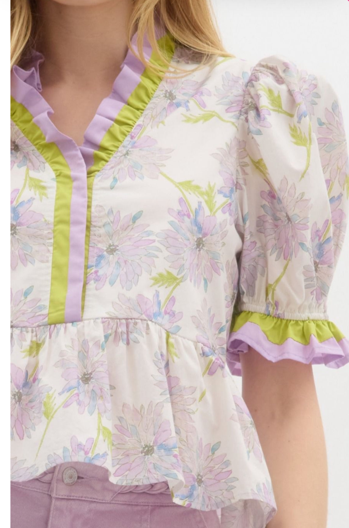 Lime/lavendar blouse with ruffle accent
