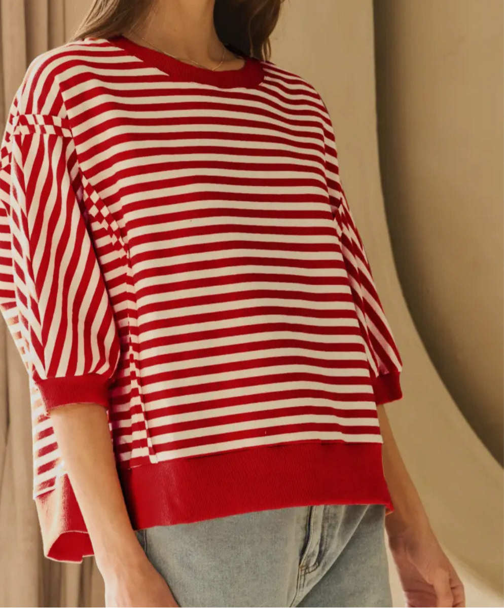 Curvy red and white knit pullover