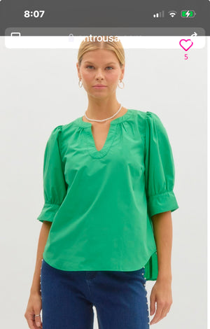 Green solid collar slit neck 3/4 puff sleeve