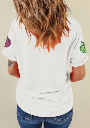 White colored t-shirt with colorful sequined pumpkins