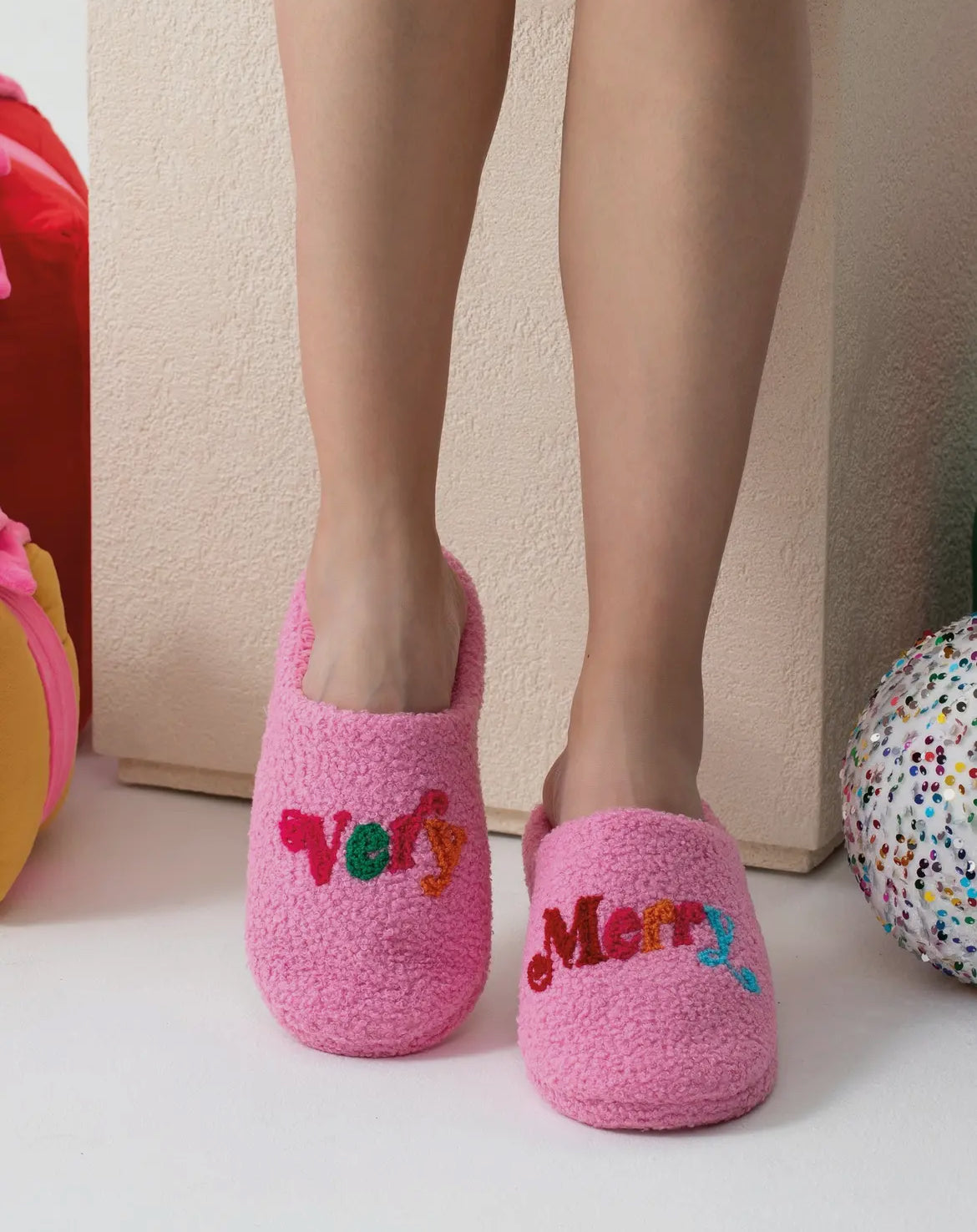 “Very Merry” pink slippers