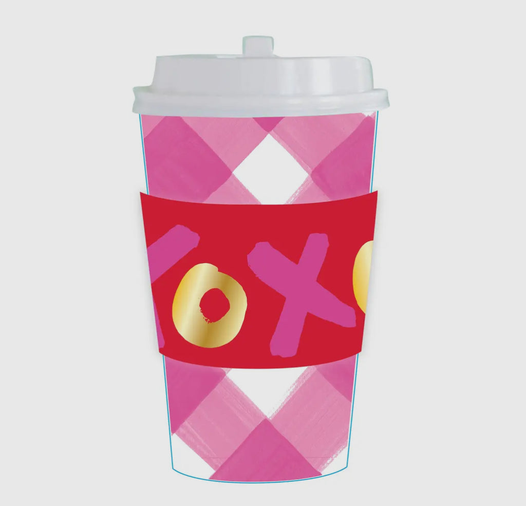 Pink gingham w/xoxo sleeve- hot/cold cups