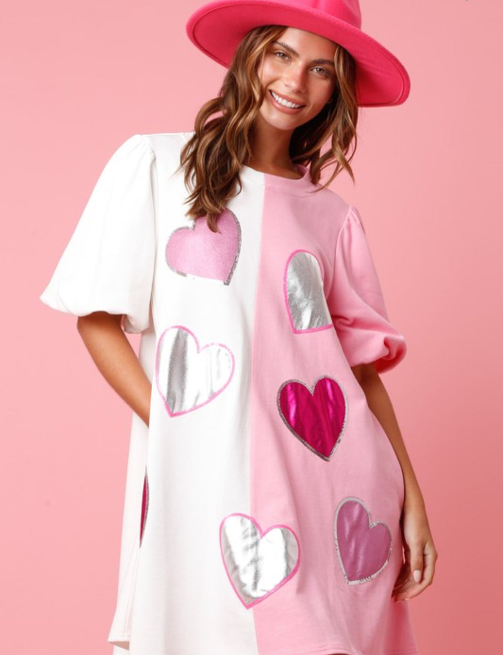 Pink/white foil hearts color block dress