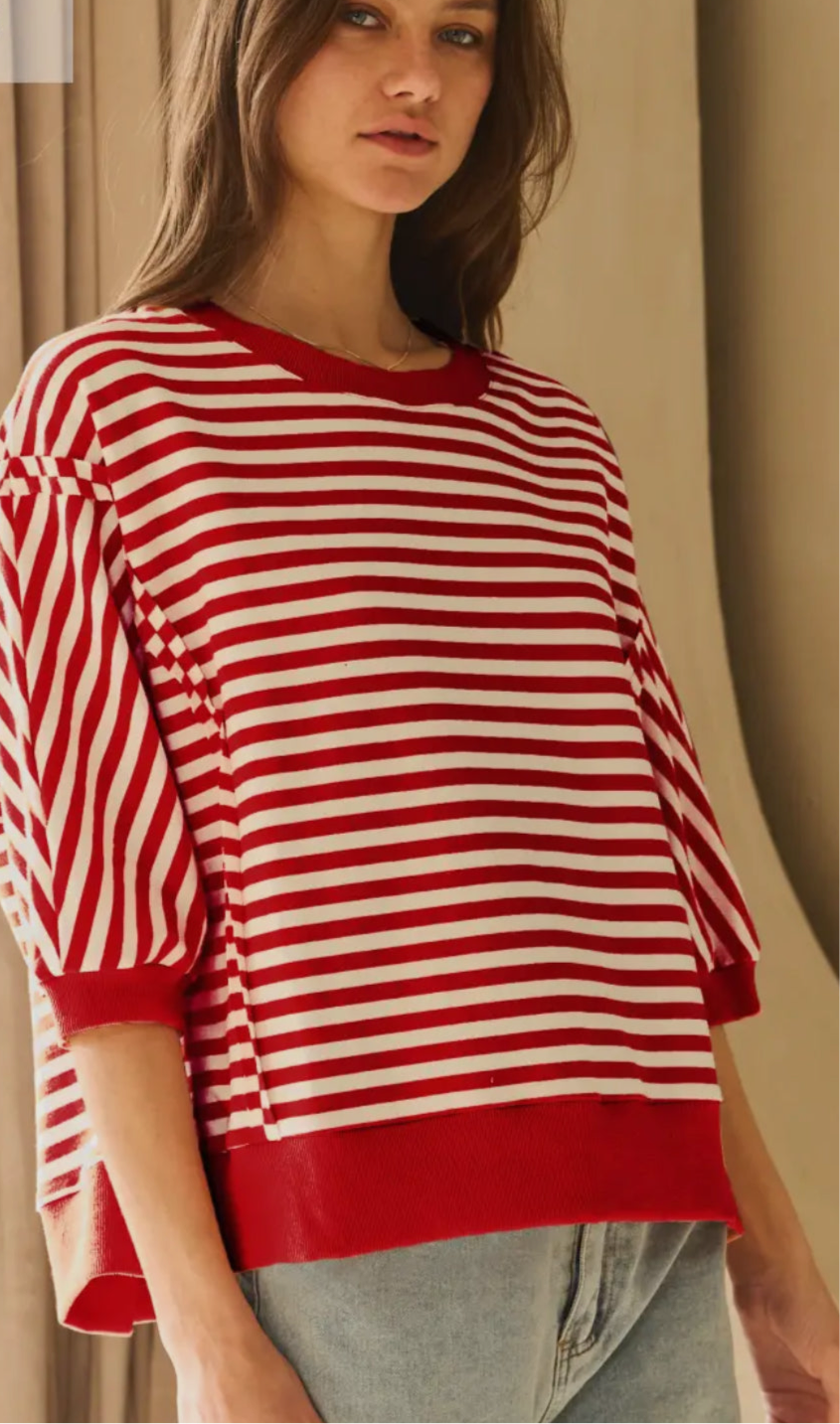 Curvy red and white knit pullover