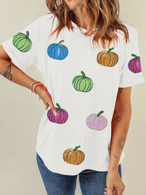 White colored t-shirt with colorful sequined pumpkins
