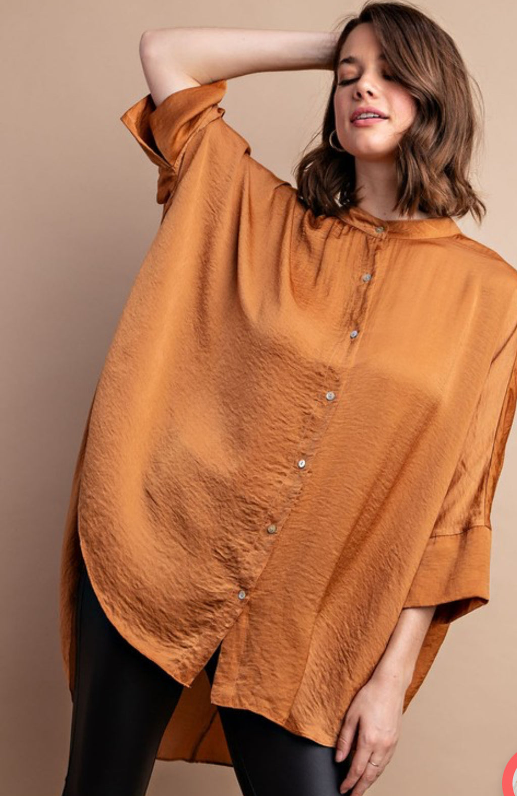 Bronze satin blouse w/ hi-lo hem