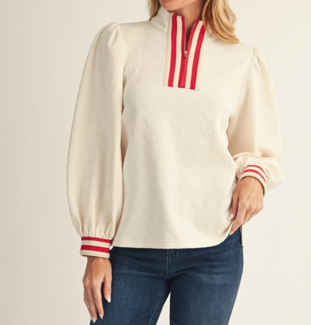Beige zip up -trimmed in red pullover