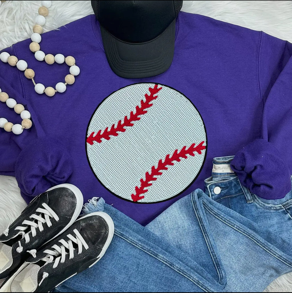 Purple fleece lined sweatshirt w/ sequined and red stripe is chenille baseball patch