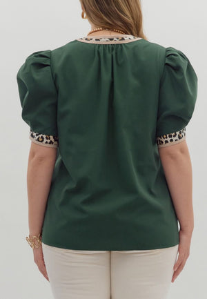 Forest Green  pullover trimmed with leopard, puff sleeves