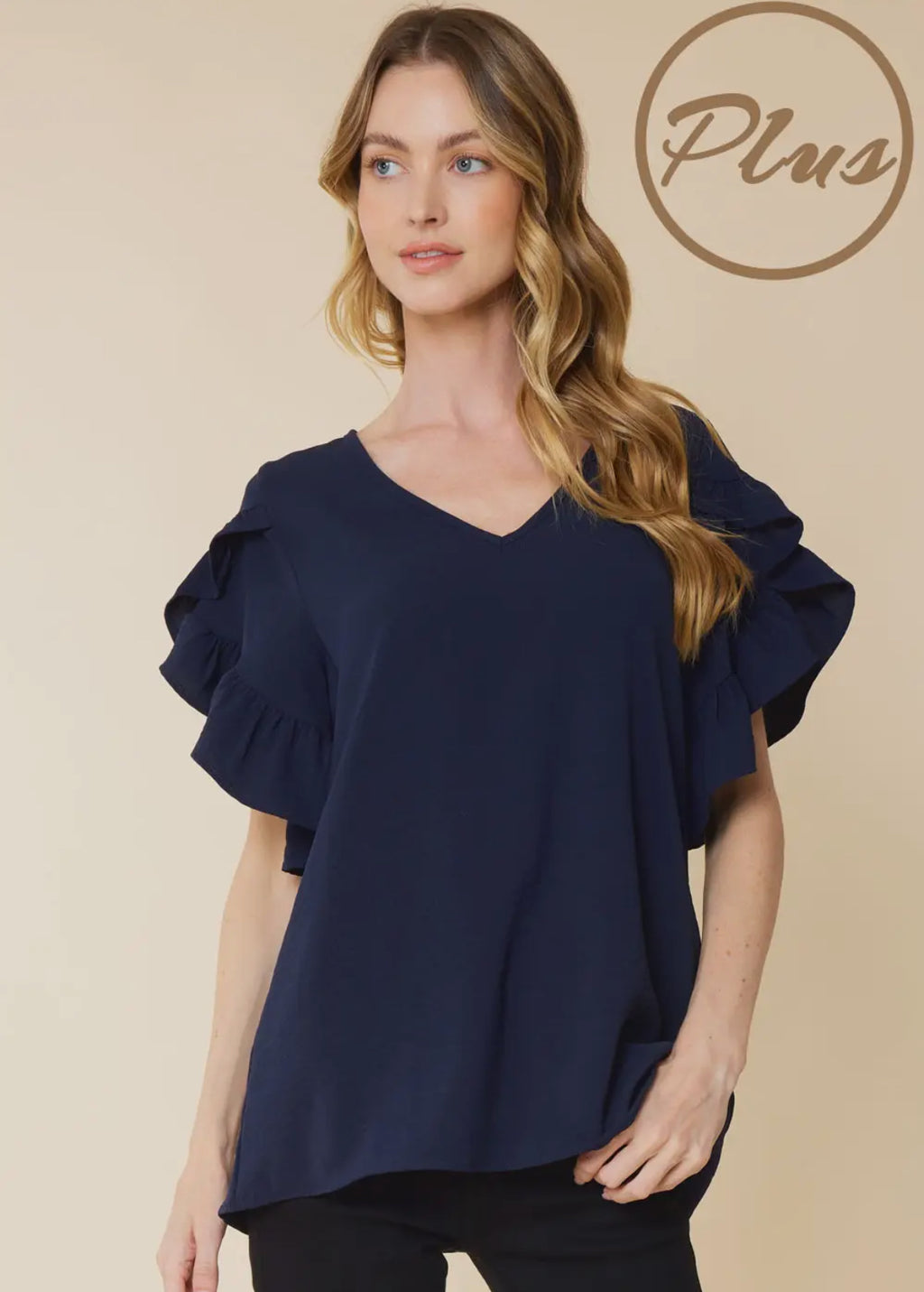 Curvy Navy tulip top with ruffled sleeves