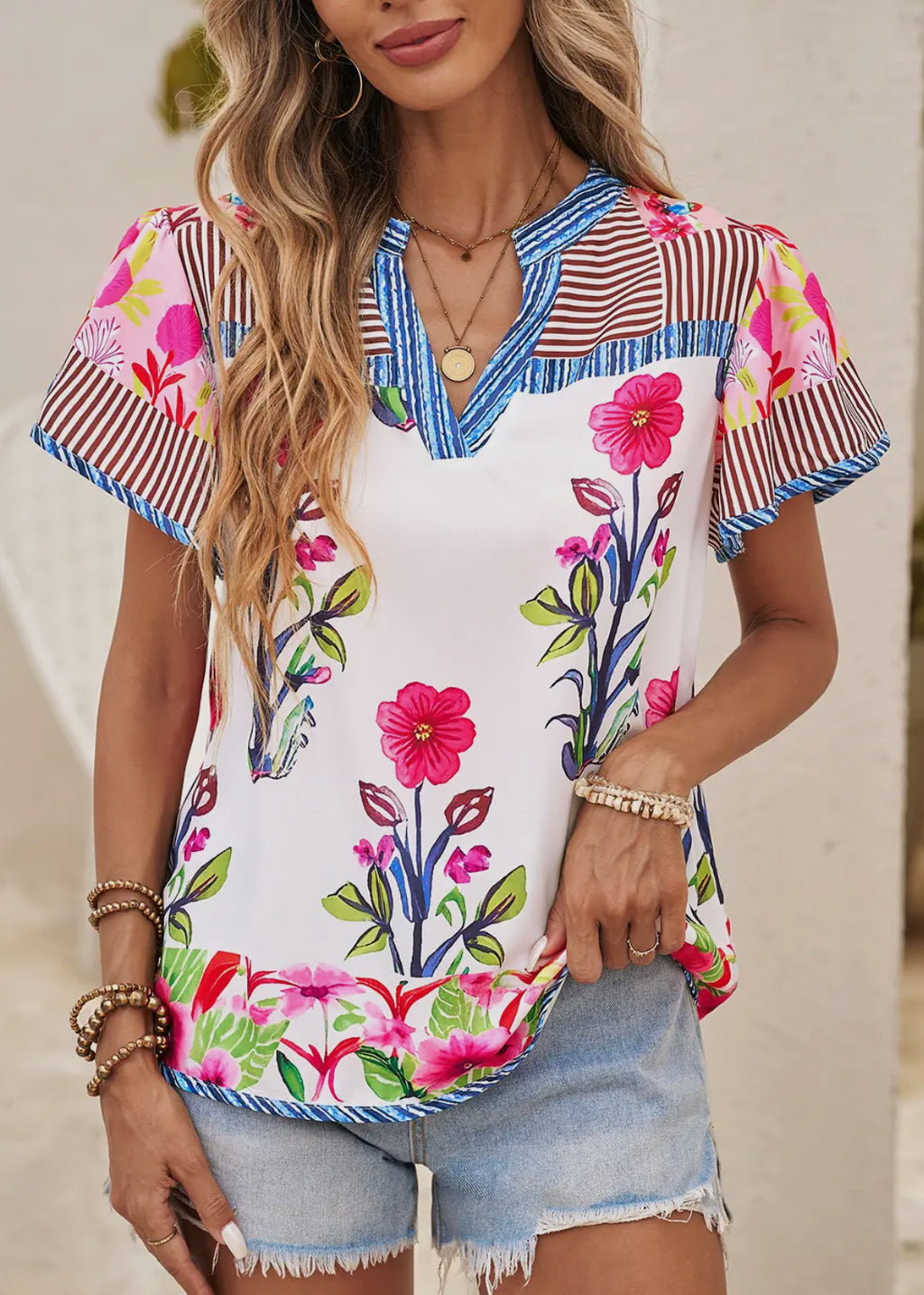 Blue stripe and multi floral blouse