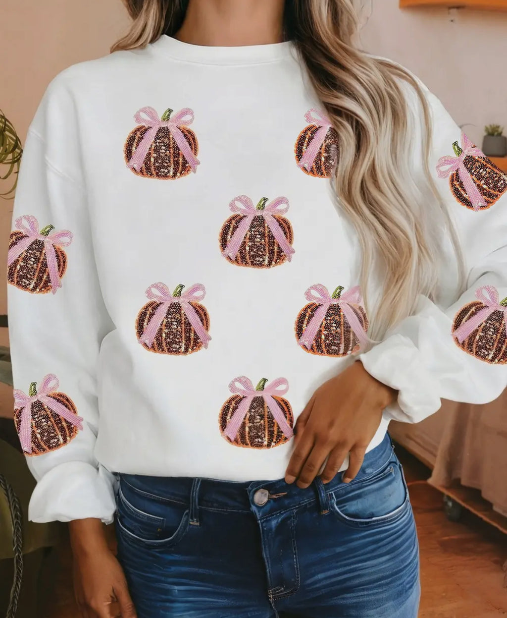 White pink bow pumpkin pullover