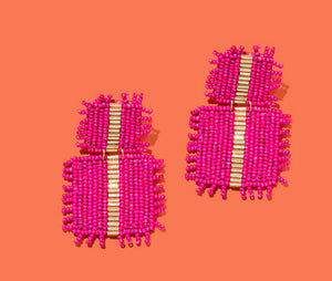 Magenta/gold square beaded earrings