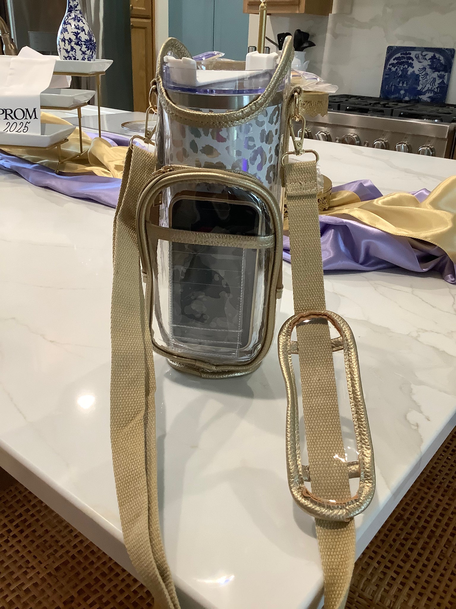 Transparent tumbler carrier w/phone pocket and cash/credit card slot- trimmed in gold