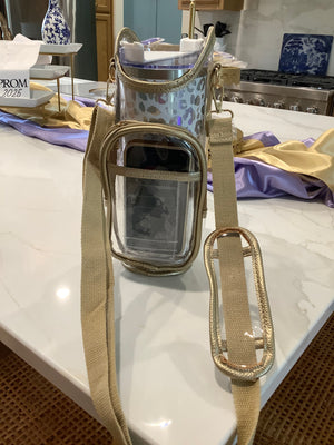 Transparent tumbler carrier w/phone pocket and cash/credit card slot- trimmed in gold