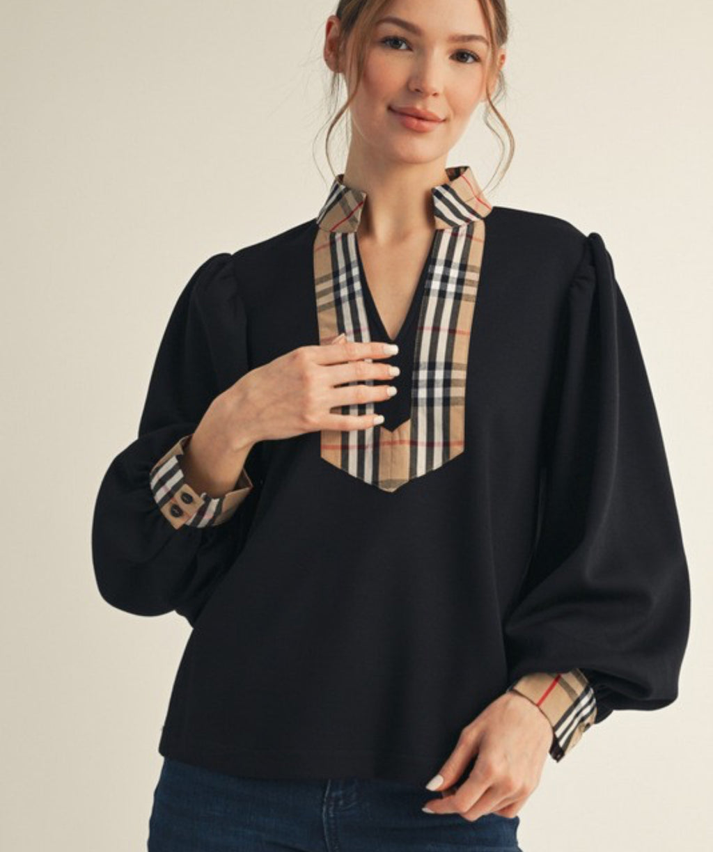 Black pullover with plaid contrast vneck