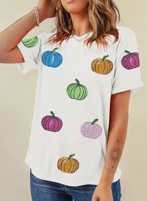 White colored t-shirt with colorful sequined pumpkins