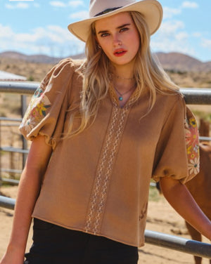 Curvy Camel faux suede top w/ embroidered sleeves