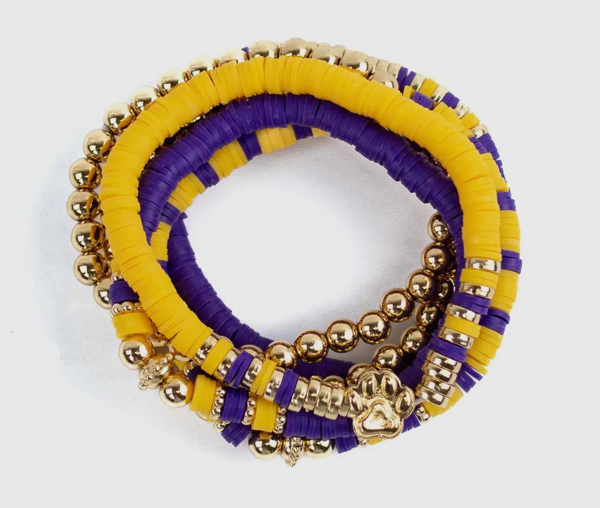 6 pc beaded purple and gold bracelet set