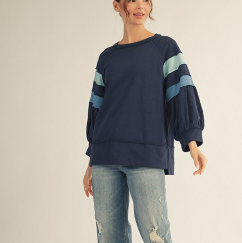 Navy color block raglan sleeve top