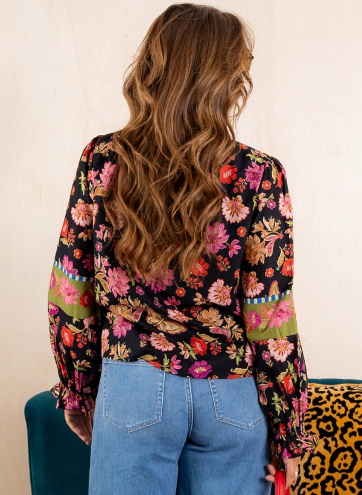 Black multi print with border trim