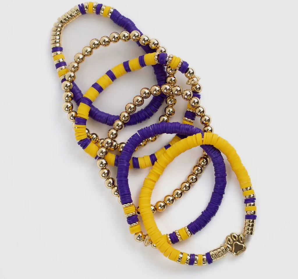 6 pc beaded purple and gold bracelet set