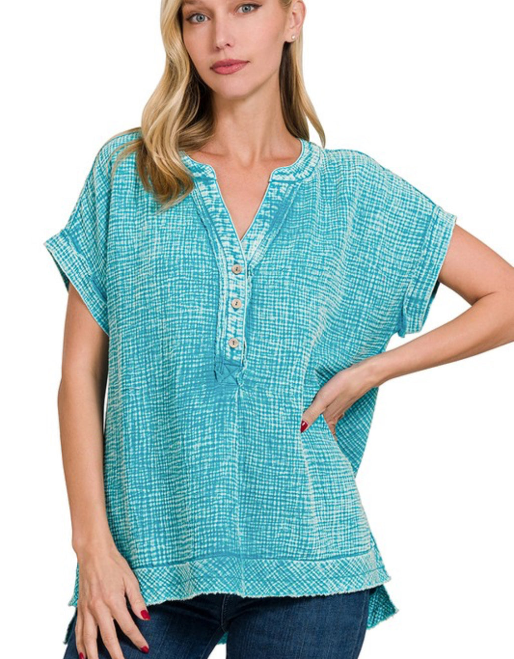 Teal button down gauze top