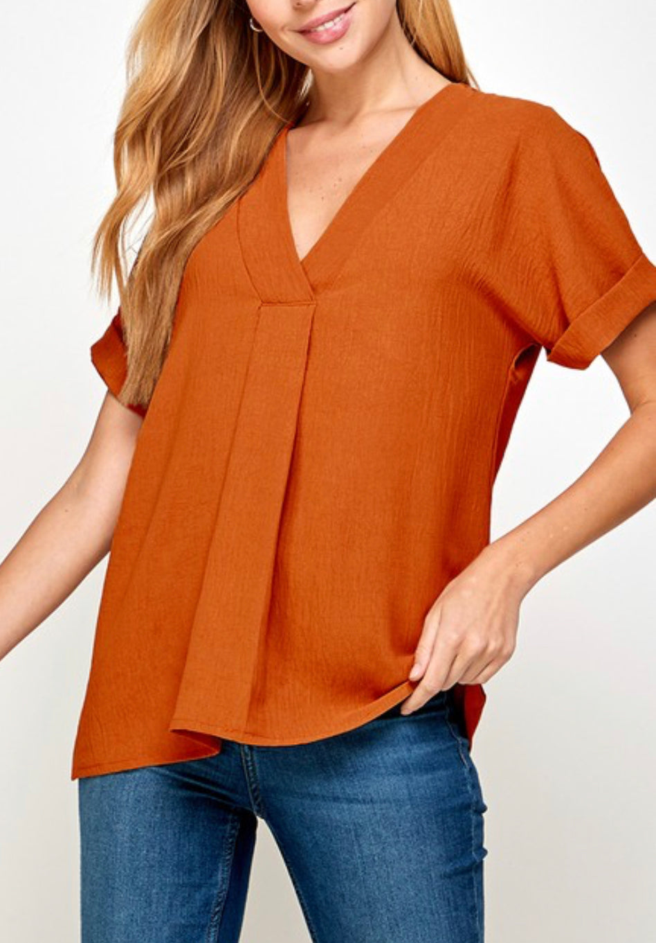 Rust pleated v-neck top