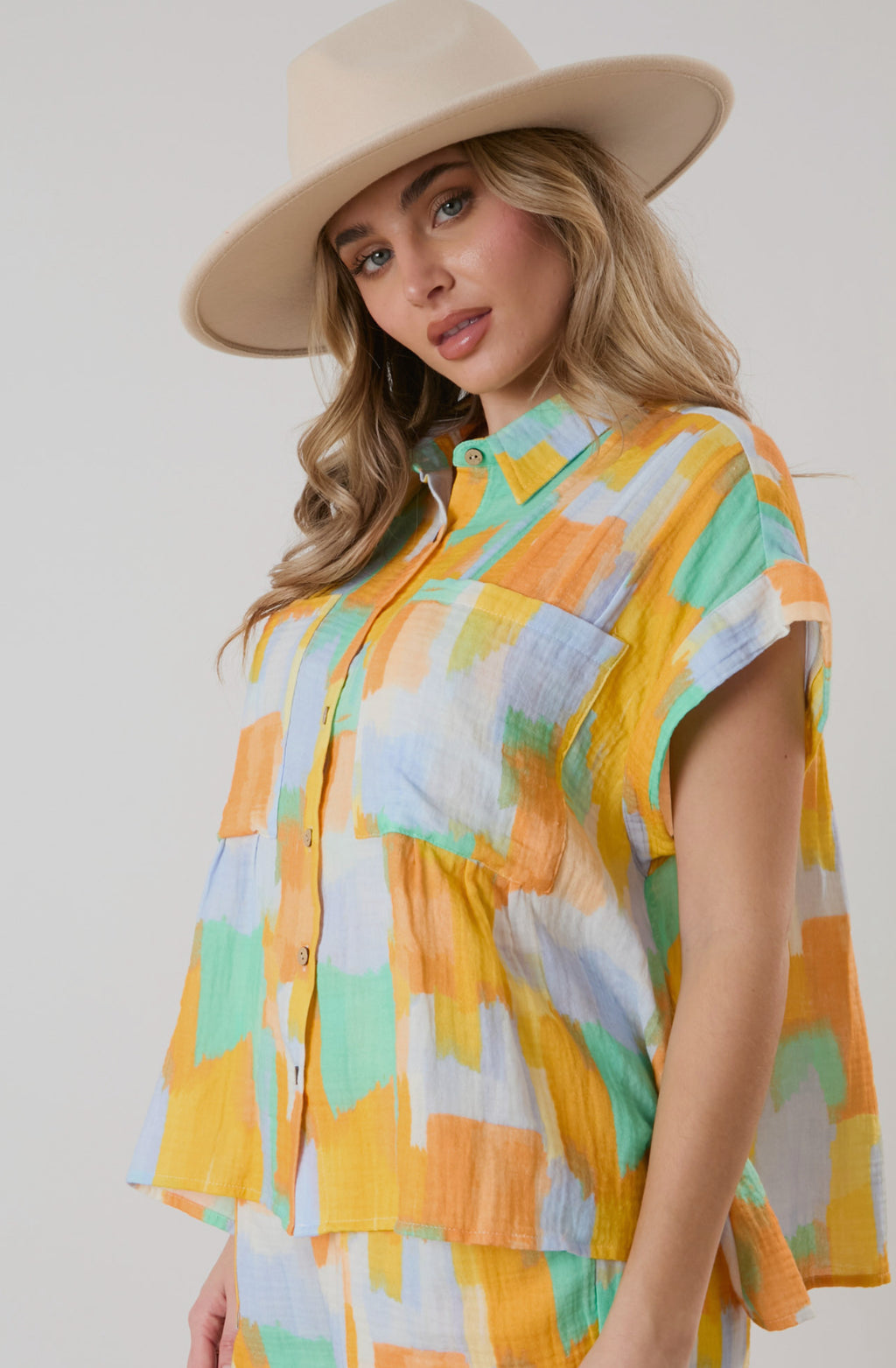 Gauze paint brushed print button down top