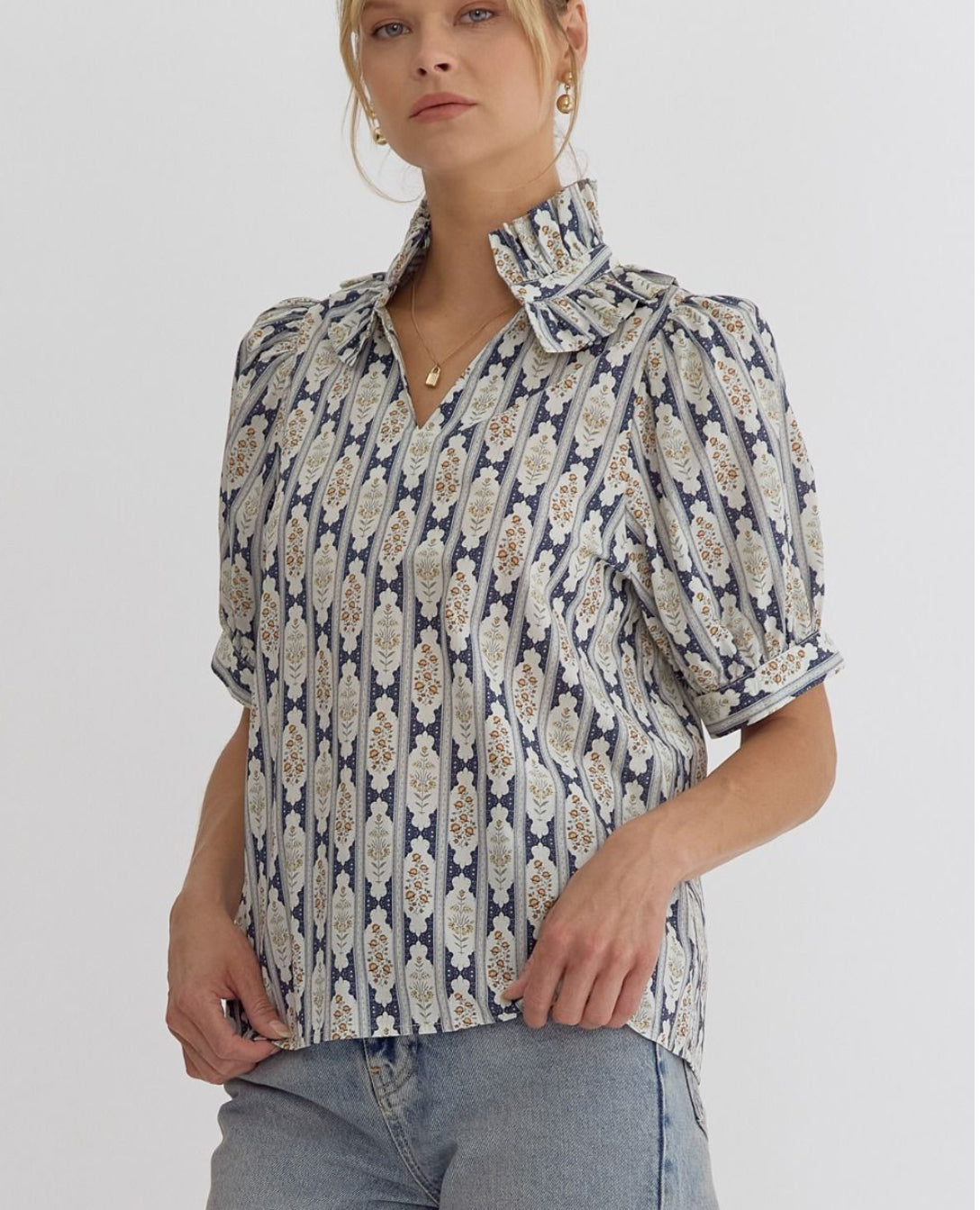 Navy blue medallion blouse with ruffle neckline