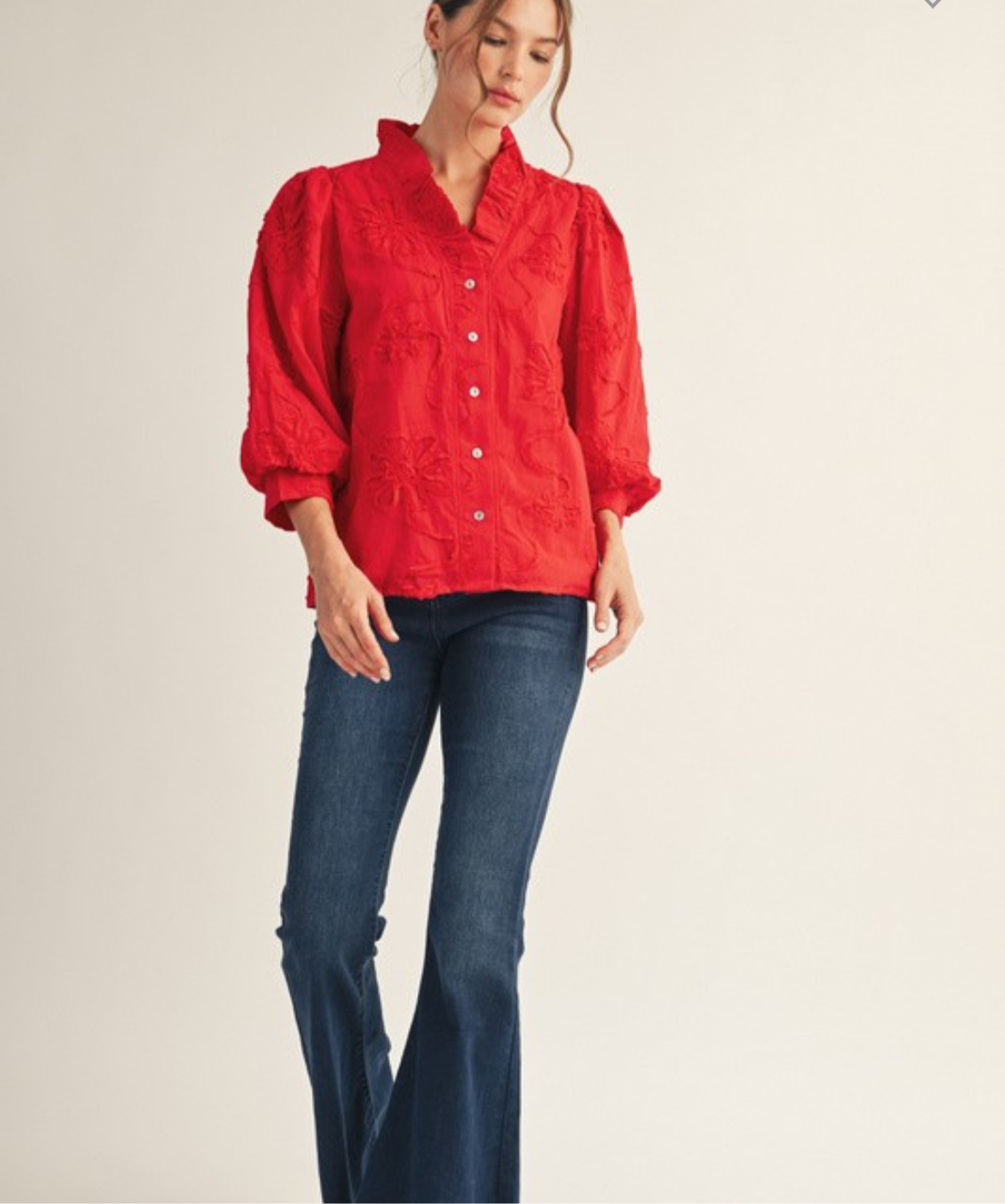 Tomato Red ruffle button down blouse, lined