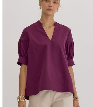 Plum v-neck woven top