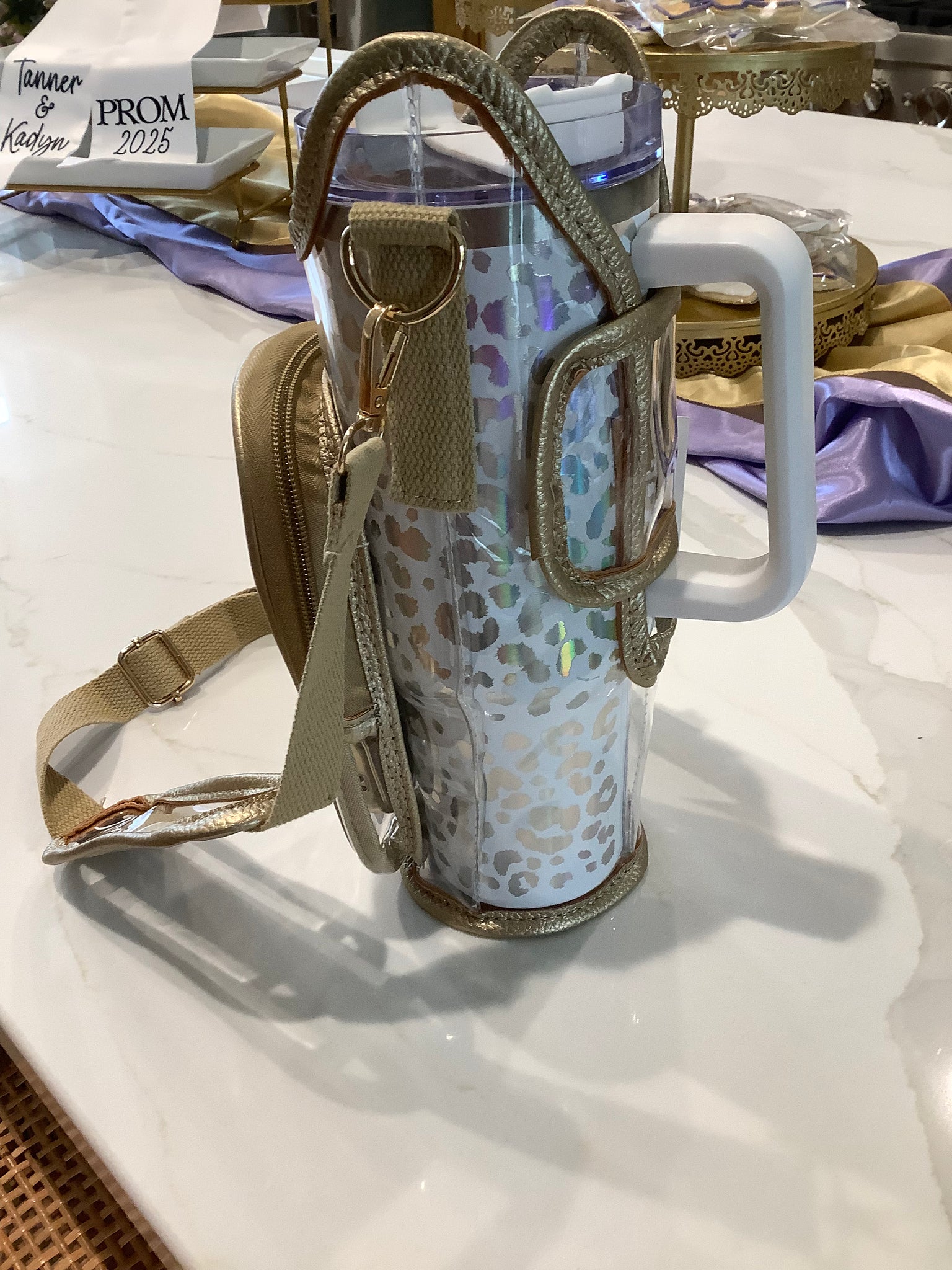 Transparent tumbler carrier w/phone pocket and cash/credit card slot- trimmed in gold
