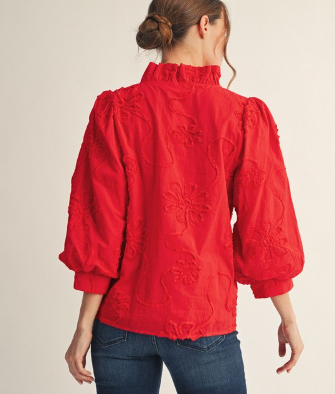 Tomato Red ruffle button down blouse, lined
