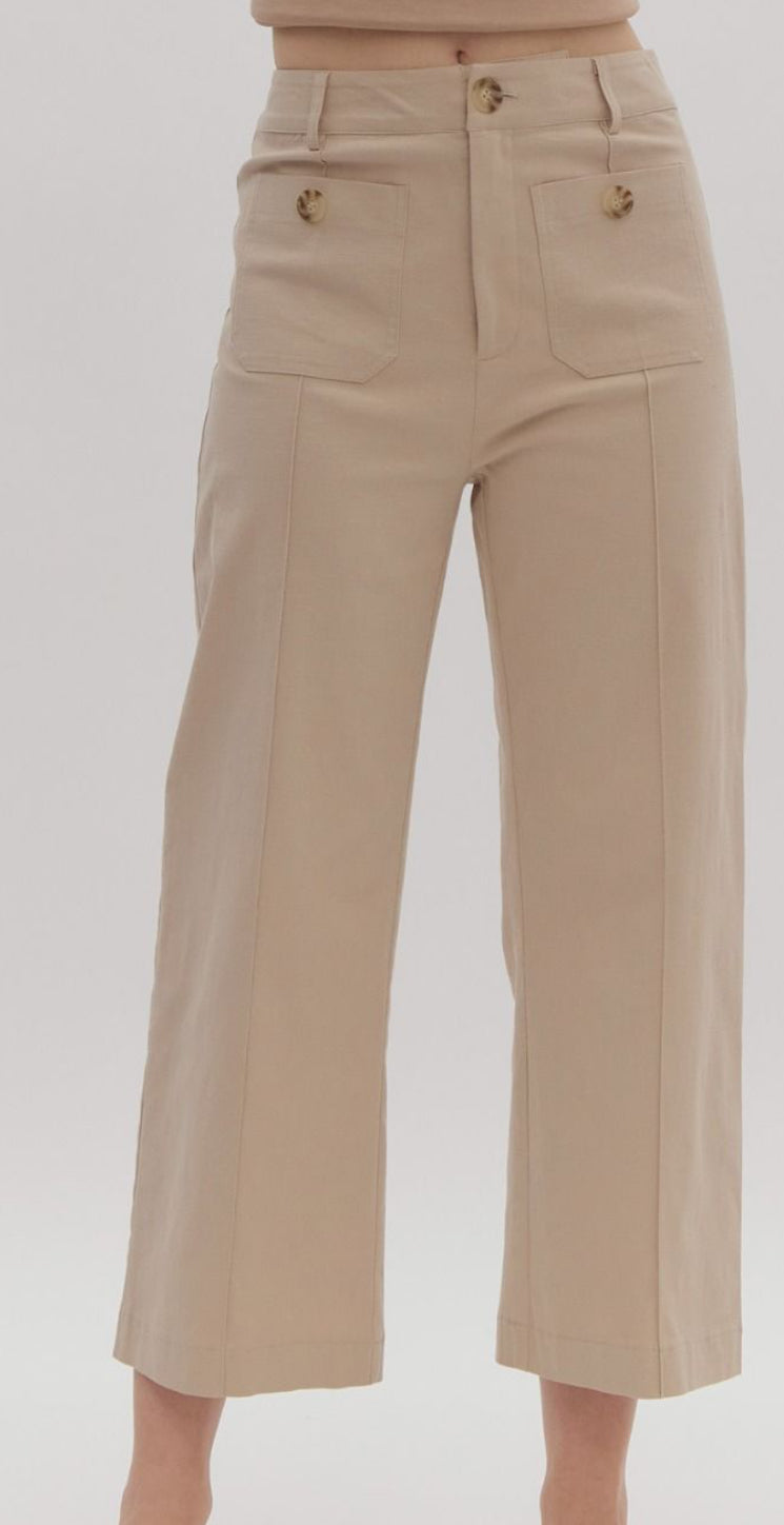 Sand high waisted front and back pockets wide leg bottoms