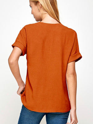 Rust pleated v-neck top