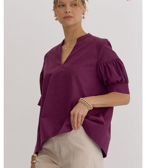 Plum v-neck woven top