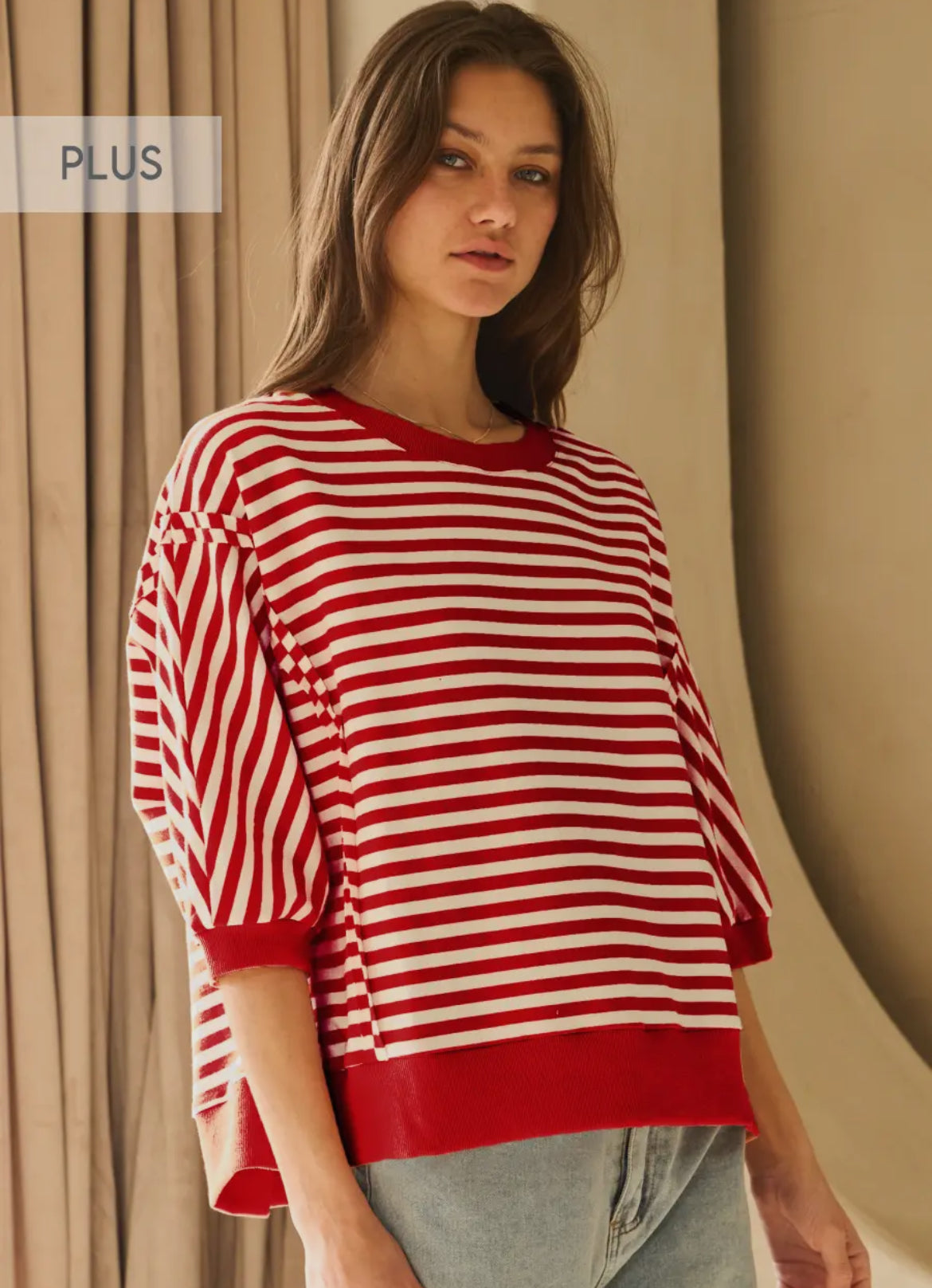 Curvy red and white knit pullover