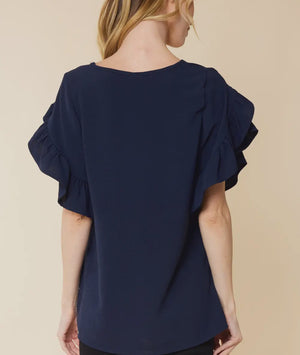 Curvy Navy tulip top with ruffled sleeves